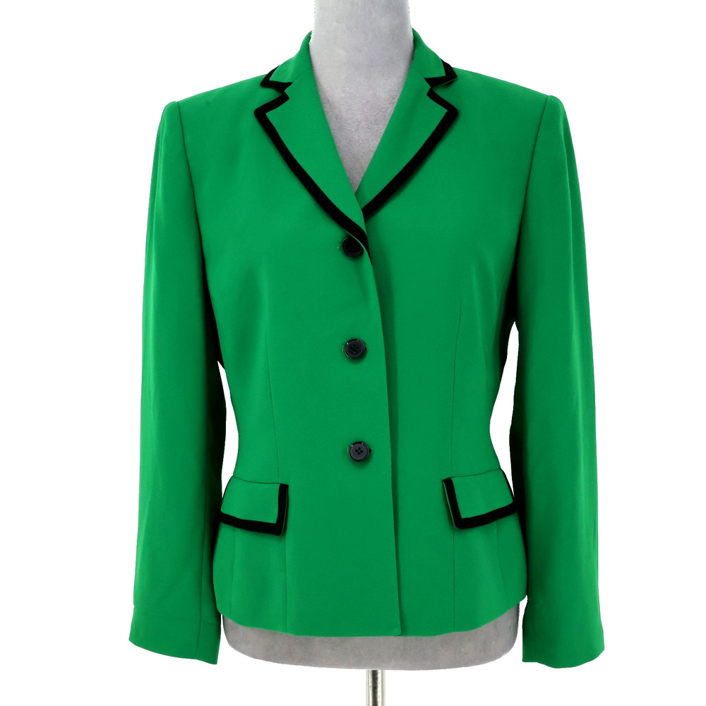 Kasper Jacket Petites 8P Kelly Green Black Trim Lined Blazer Pockets Career